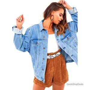 Oversized Denim Jacket Long Sleeve Boyfriend Coat Vintage Fit